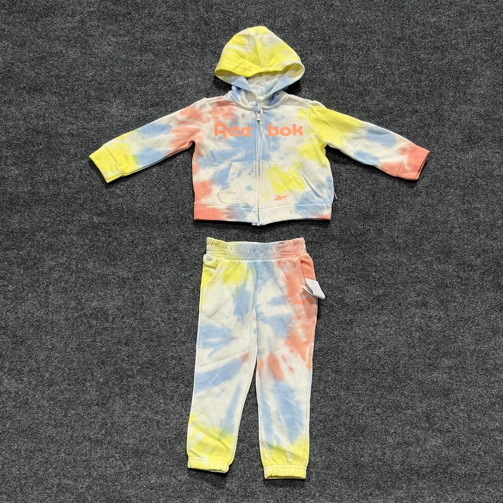 Reebok 2 Piece Hoodie Pants Set Girls 2T Neon Melon Swiral Tie Dye Fleece Outfit